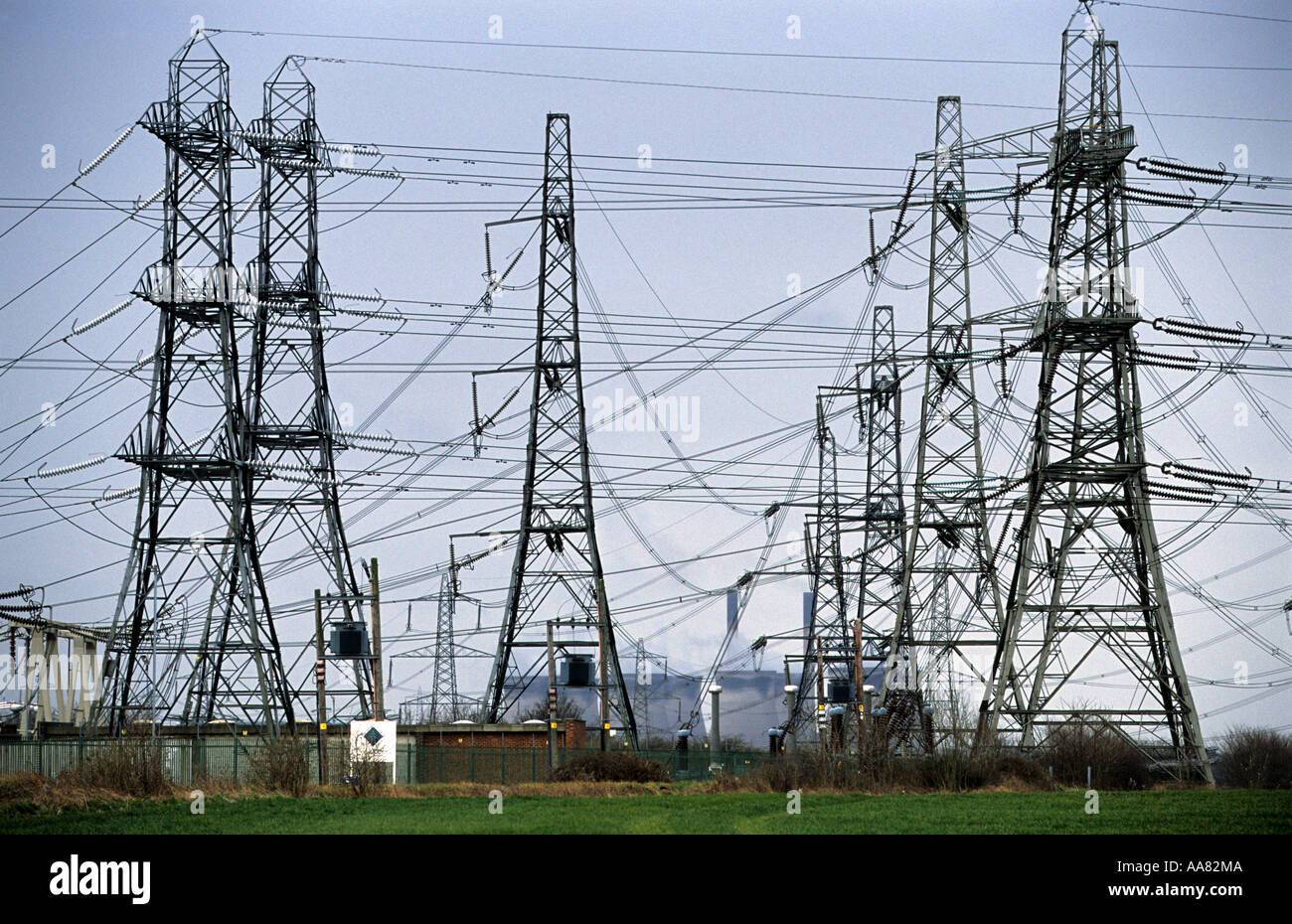 high voltage power cables and pylons crossing the Yorkshire countryside