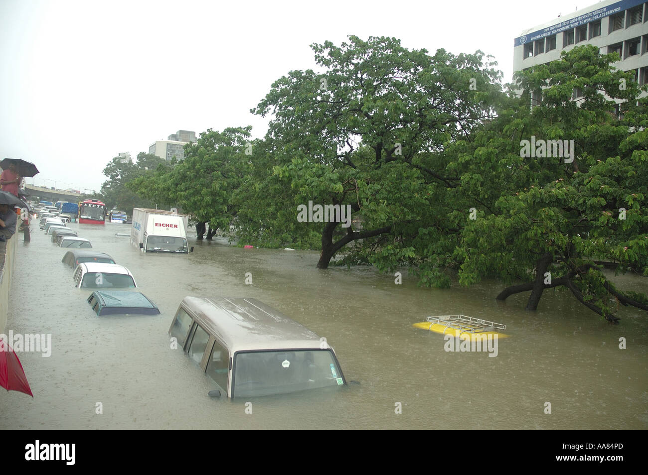 Floods due to monsoon rain showing submerged cars in flooded street water in Bombay Mumbai Maharashtra India Asia Stock Photo