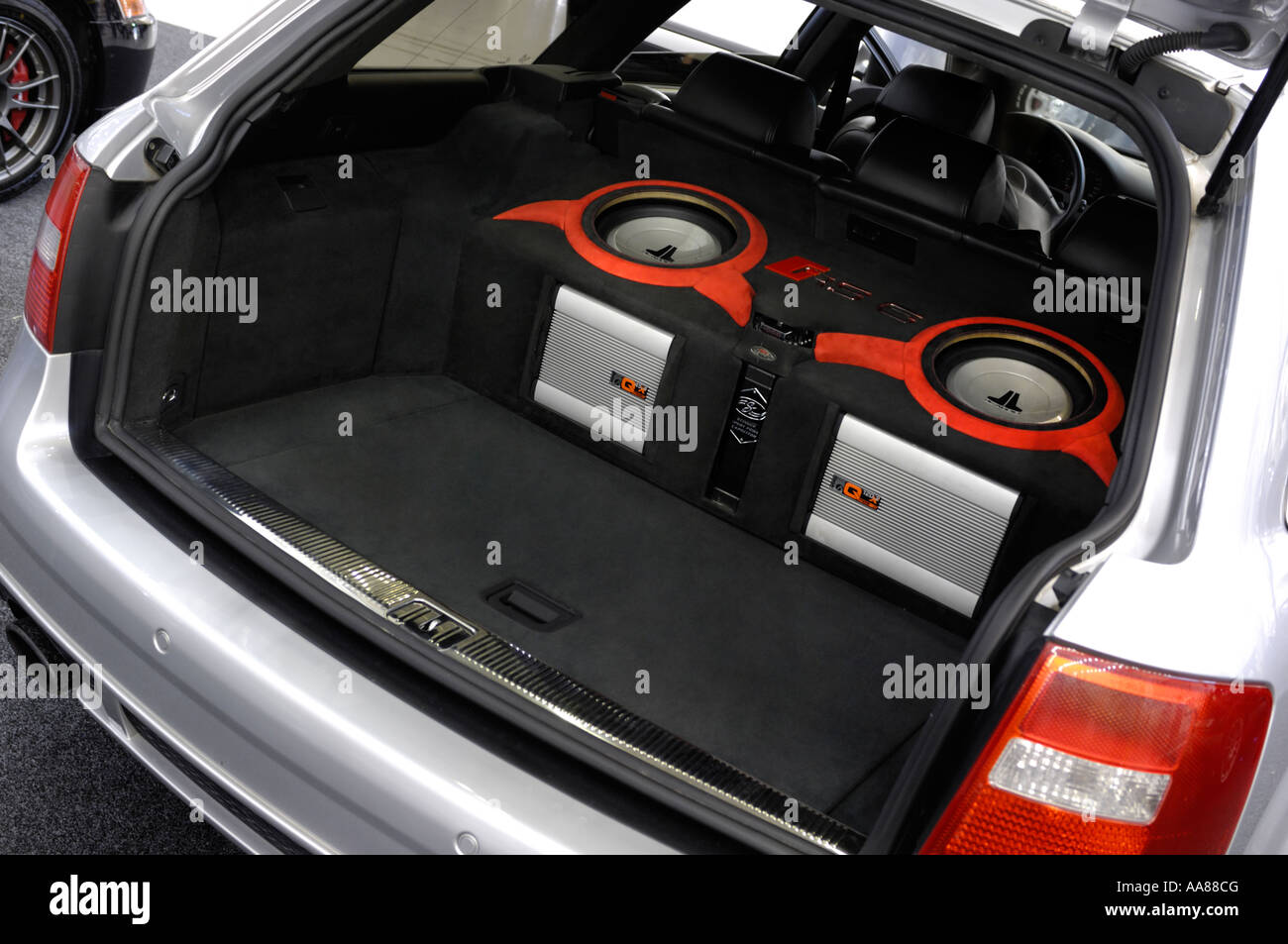 Car boot with high end audio system Stock Photo - Alamy