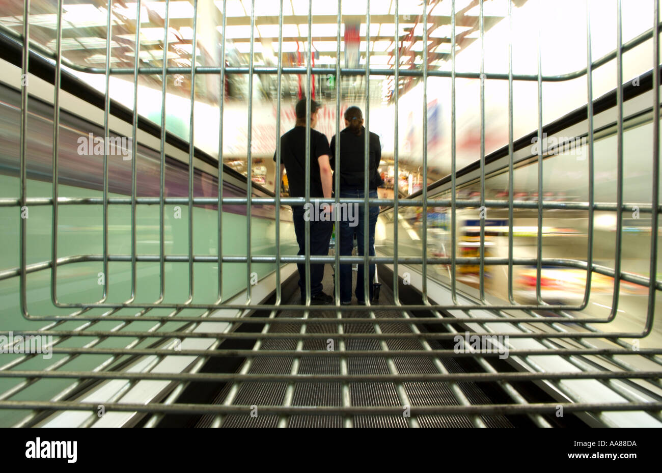 View through a trolley on an escalator in a supermarket Stock Photo Alamy