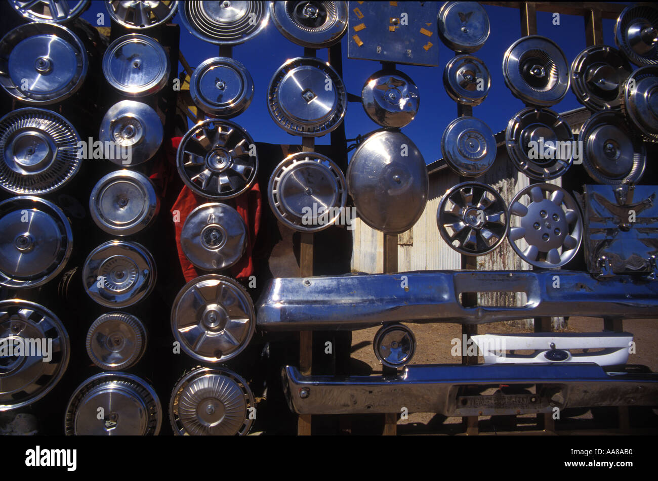 Gate made of hubcaps Winton Queensland Australia Stock Photo Alamy
