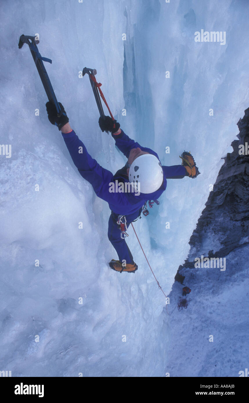 Man ice climbing a frozen waterfall, Vail, Colorado Stock Photo Alamy