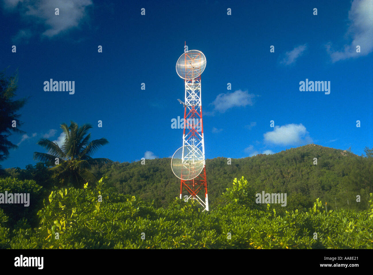 Radio mast in the tropical Seychelles Stock Photo