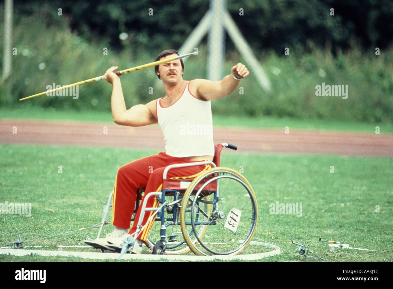 Javelin throwing from a Wheelchair Paraplegics Olympics Stoke Mandeville hospital England United Kingdom Stock Photo