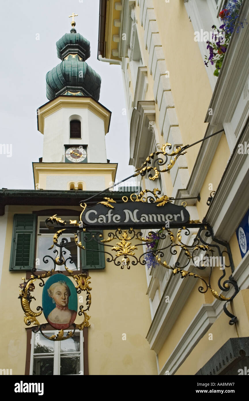 Austria St Gilgen Cafe Nannerl entrance sign church tower Stock Photo