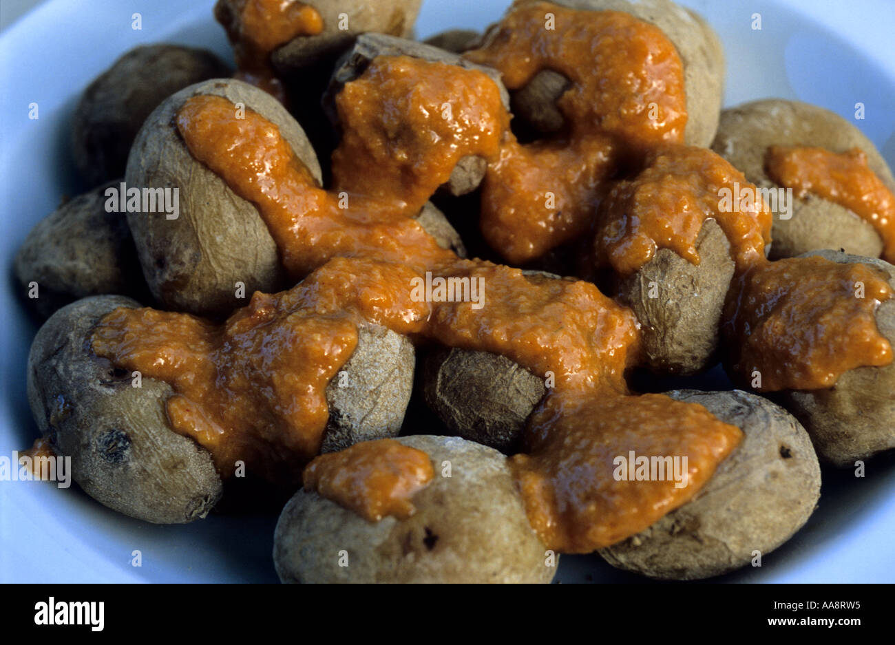 Typical food Papas arrugas y mojo rojo Fuerteventura Canary Islands Spain Stock Photo