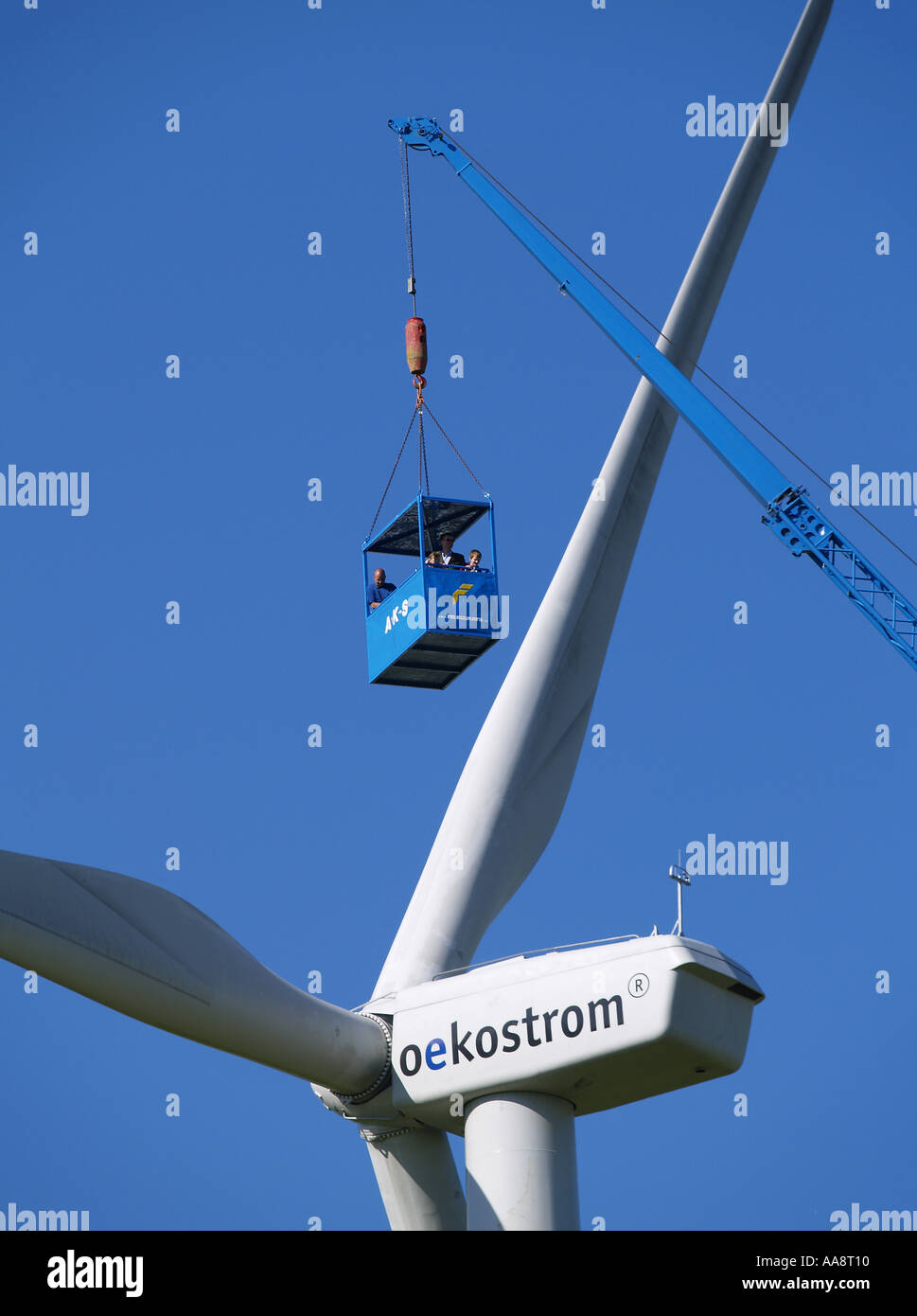 windpark Parndorf Austria cabin with people above the rotor of a wind wheel Stock Photo