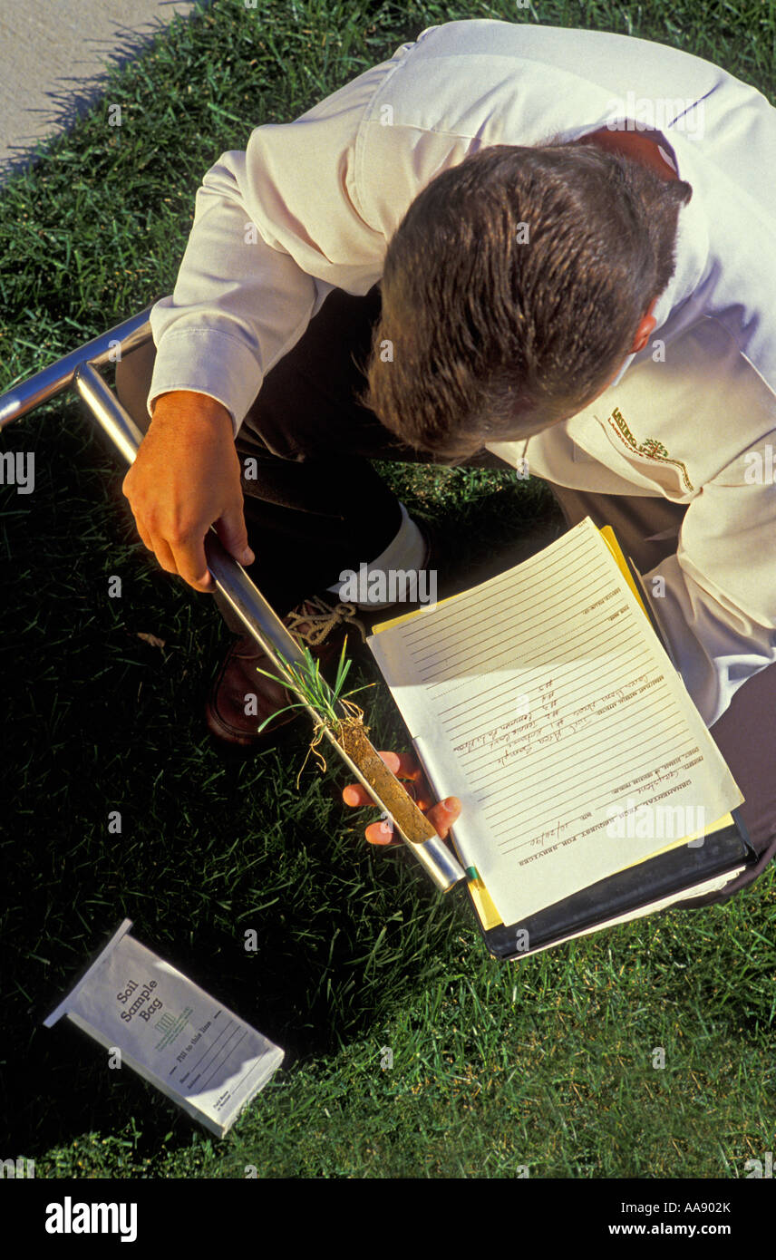 A man take a soil sample out of a residential lawn to test for toxins or other elements that could be harmful Stock Photo