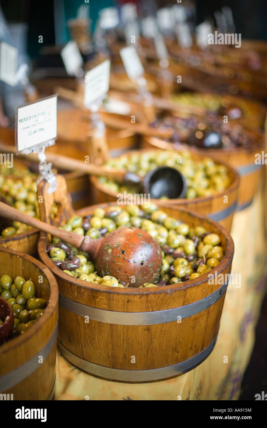 Marinated olives Olive stall Burough market London England UK Europe Stock Photo