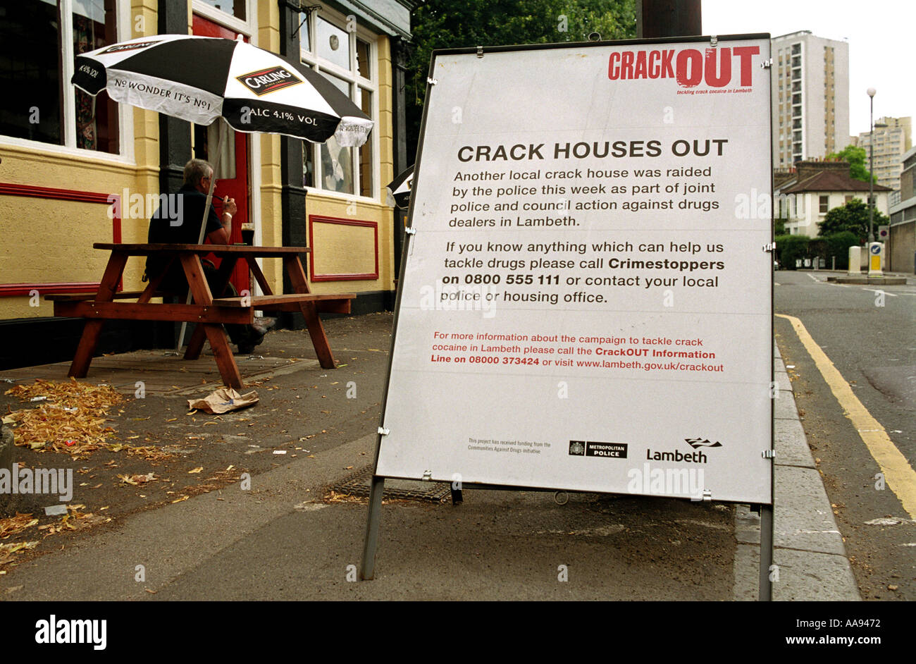 Sign boards in Lambeth South London in hope of cracking down on crack cocaine use and attempts to close down crack houses. Stock Photo