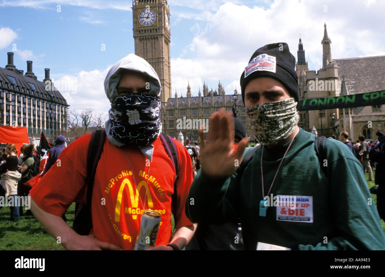 Urban guerrilla demonstrators planting flowers trees and plants in Parliament square during Mayday 2001 demonstrations in an att Stock Photo