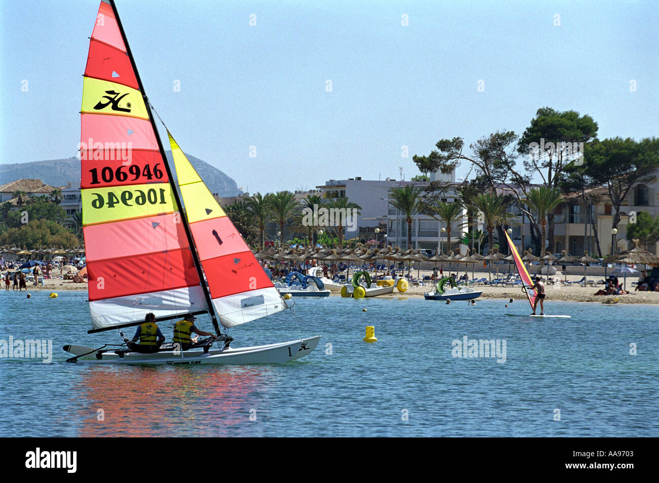 Sailing boats on the beach at Puerto Pollensa in Majorca Stock Photo