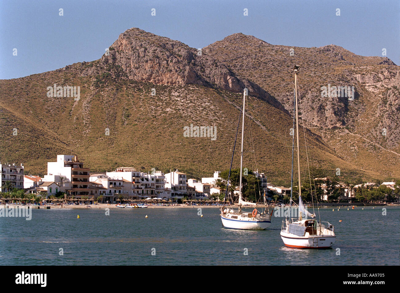 View of seafront and mountains at Puerto Pollensa in Majorca Stock Photo
