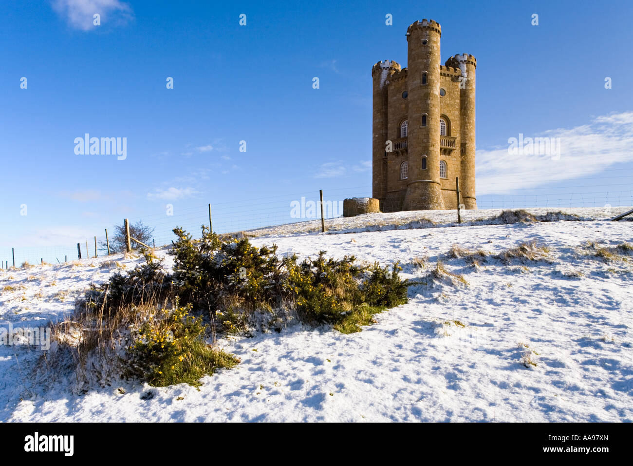 Snow on the Cotswolds in winter at Broadway Tower, Worcestershire Stock