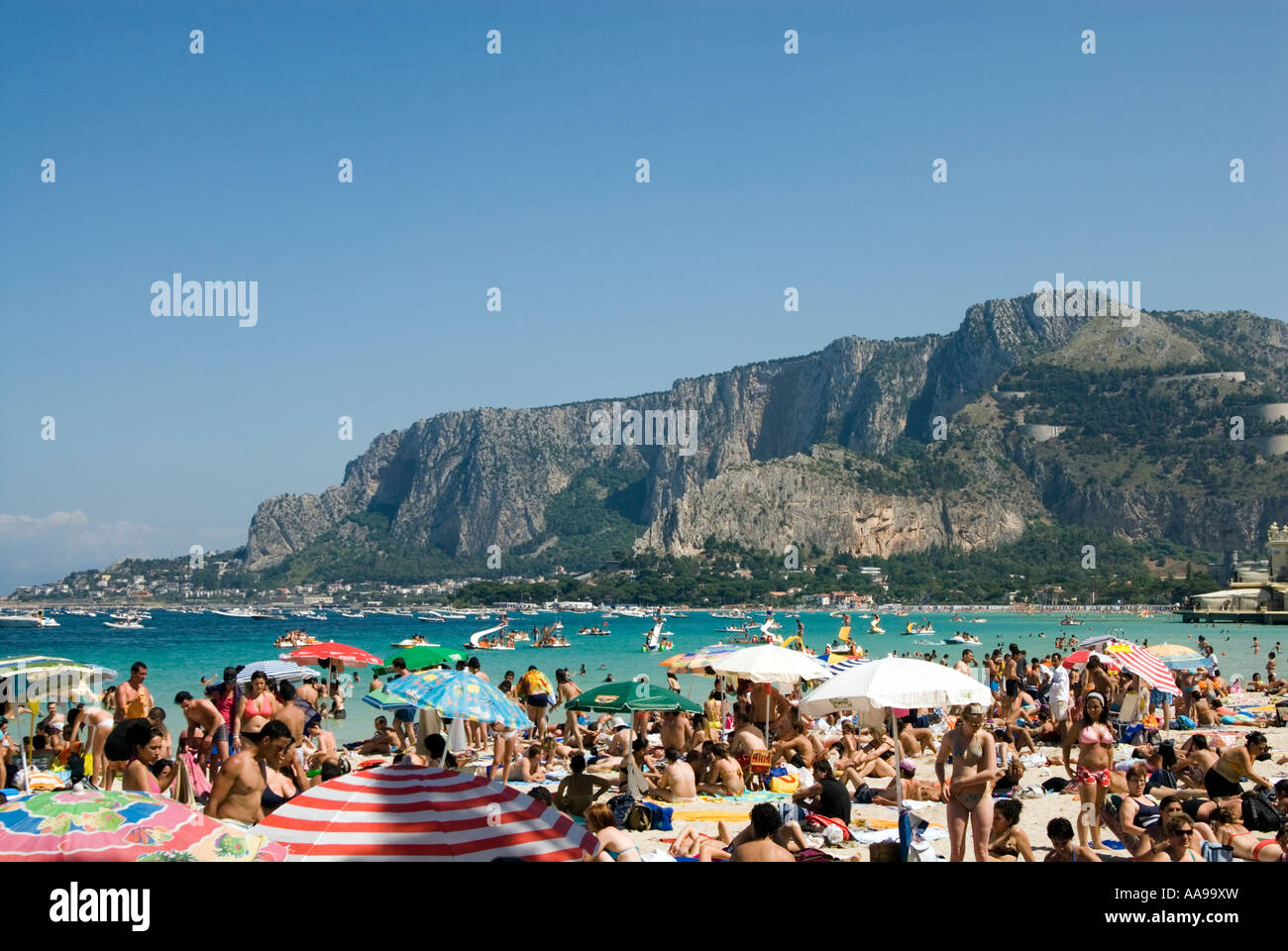Crowded beach resort of Mondello Palermo Sicily Italy Stock Photo Alamy