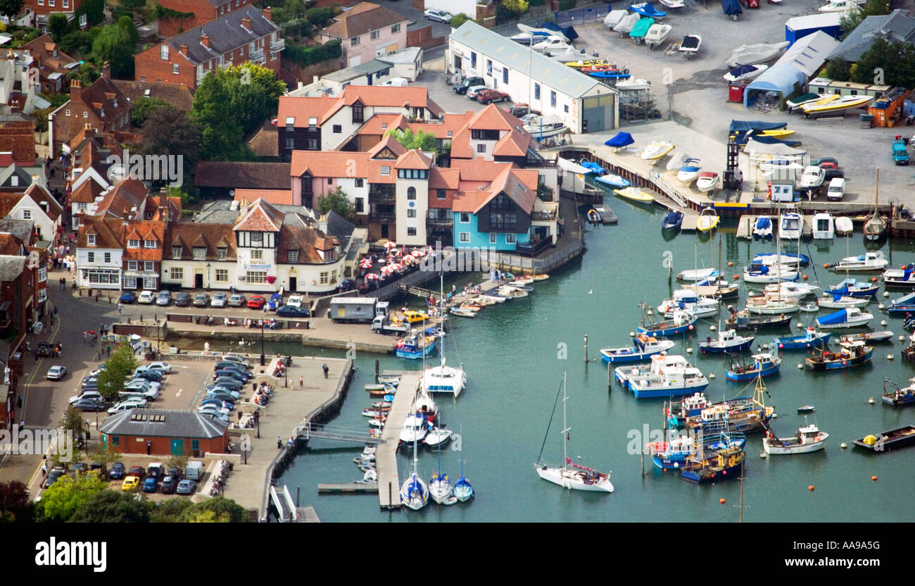 Aerial view of Lymington town quay and harbour. Hampshire. UK. Stock Photo