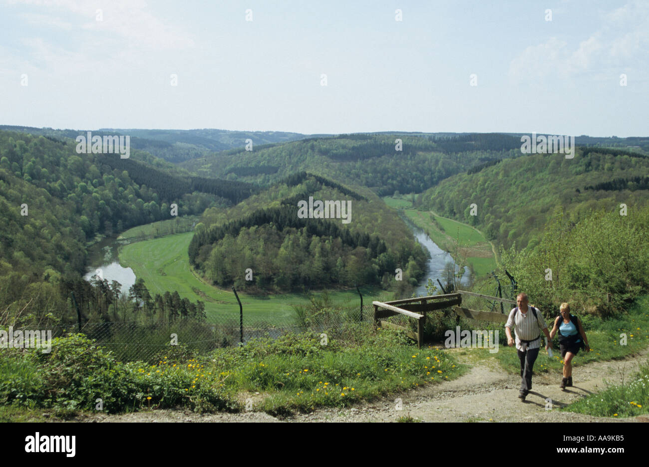Walkers in the Belgian Ardennes overlooking the Giants Tomb on the Semois river Belgium Stock Photo