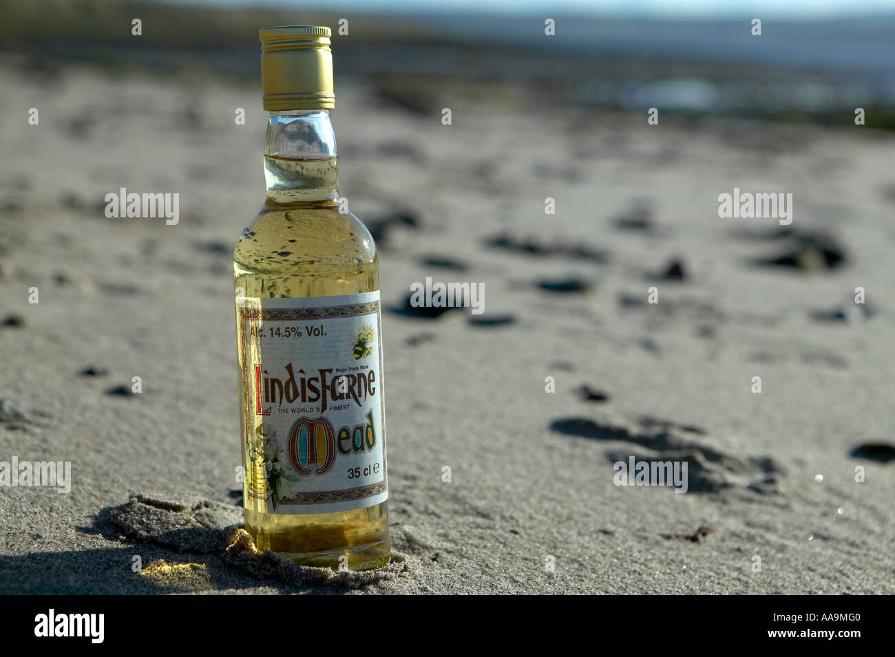 Bottle of Lindisfarne mead captured on the Holy Island of Stock Photo