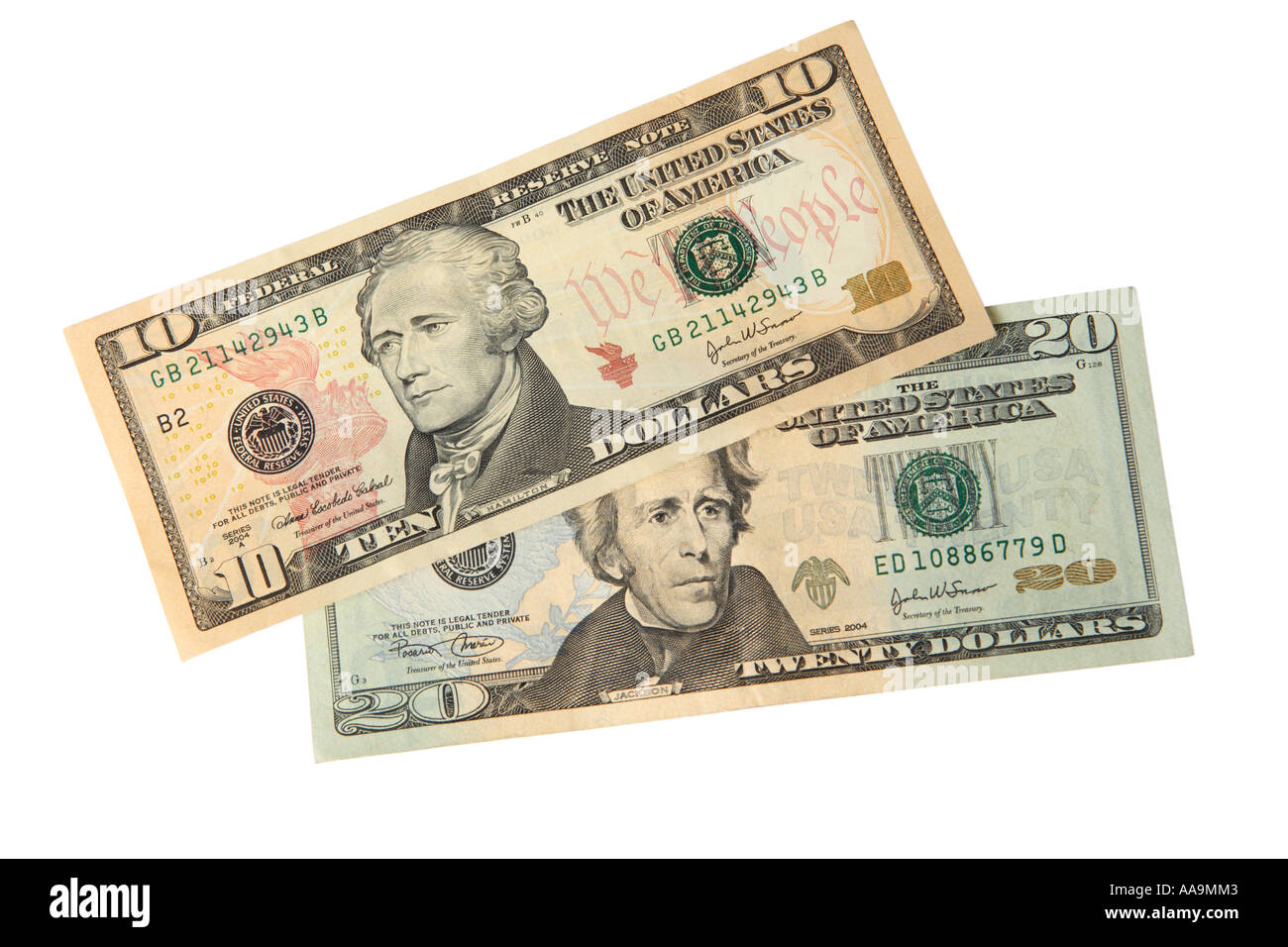 US ten and twenty dollar bills that incorporate new anti counterfeit features. Stock Photo