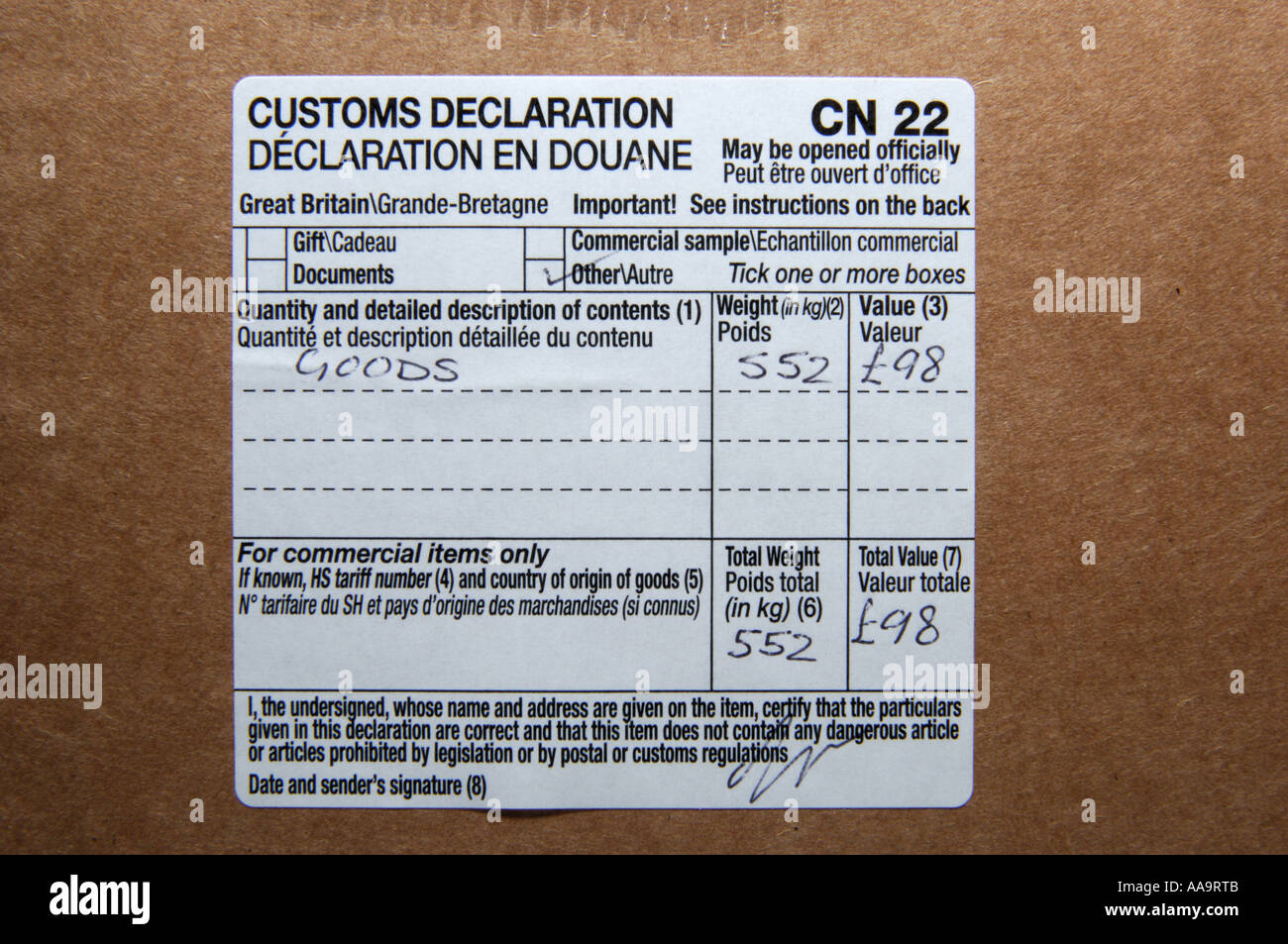 Close up of a customs declaration label on a parcel Stock Photo