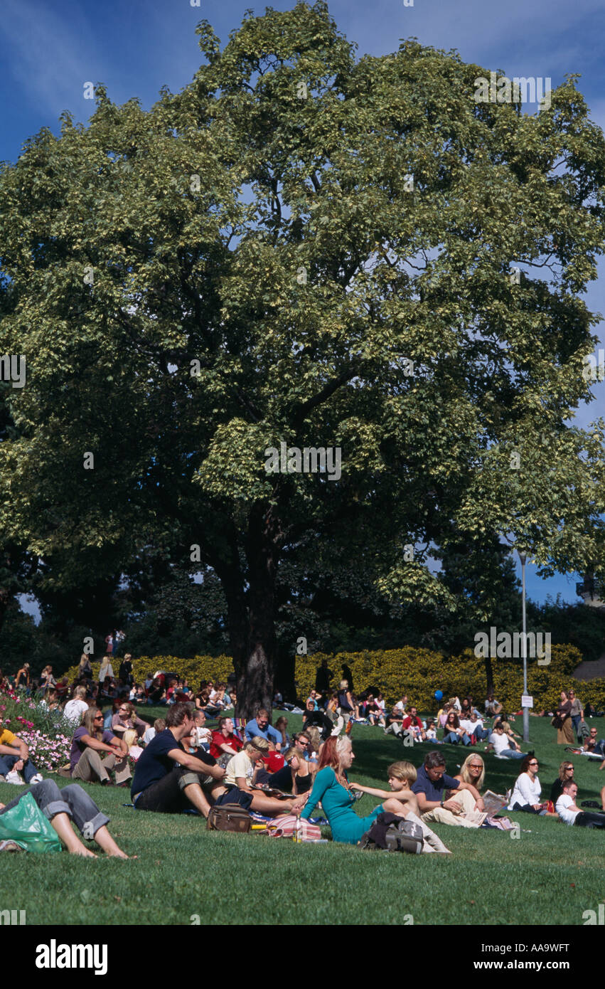 Spectators relaxing on the grass at the Kongene Pa haugene pop festival in st hanshaugen oslo Norway Stock Photo