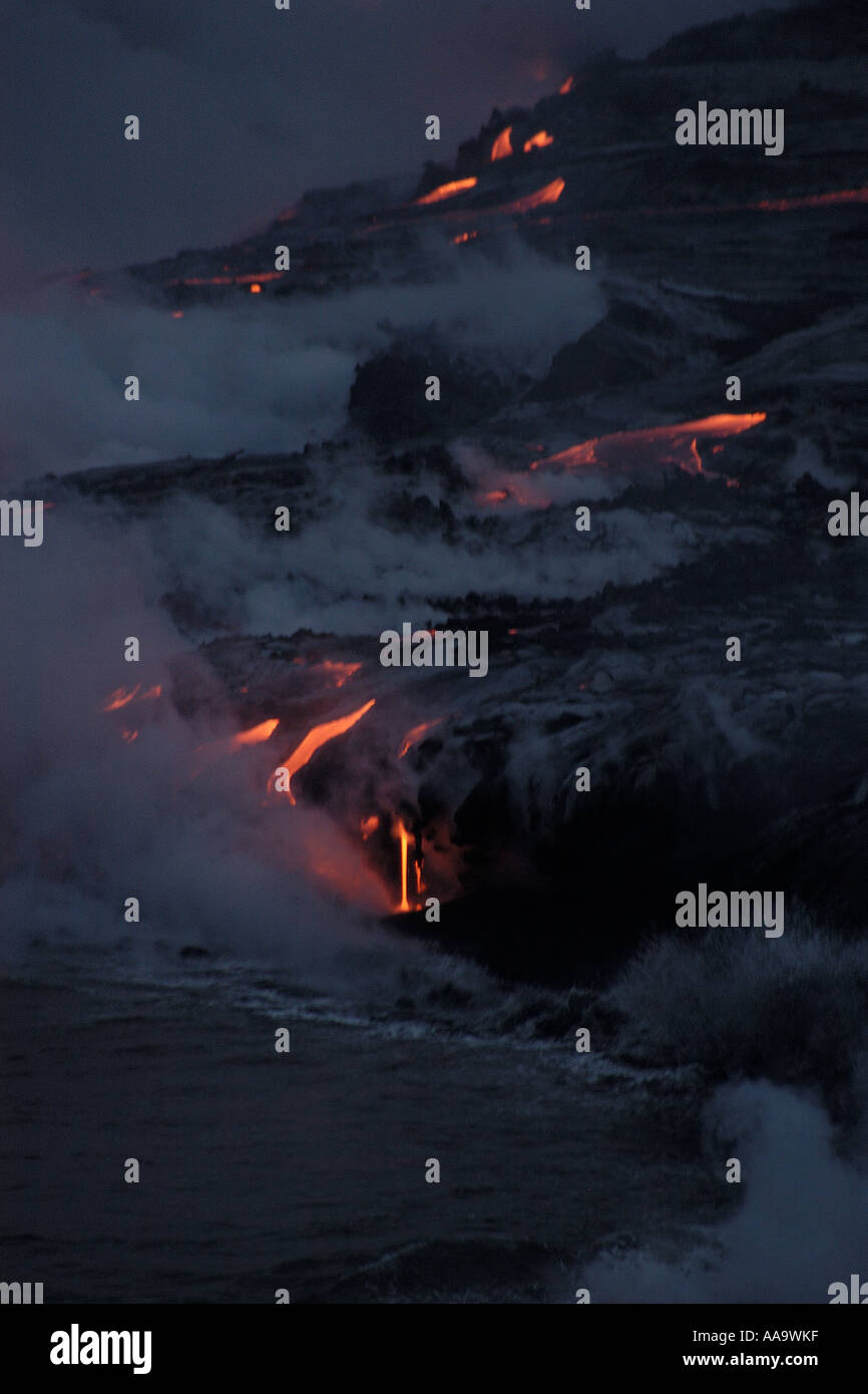 Lava flowing into the Pacific Ocean Volcanoes National Park Big Island Hawaii Stock Photo
