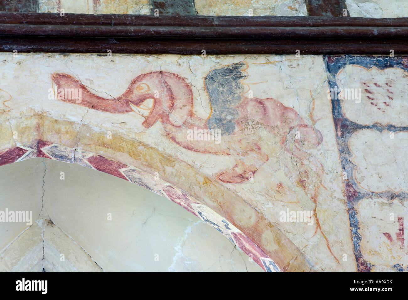 Medieval wall paintings (c.1300) in the Norman church in the Cotswold village of Hailes, Gloucestershire Stock Photo