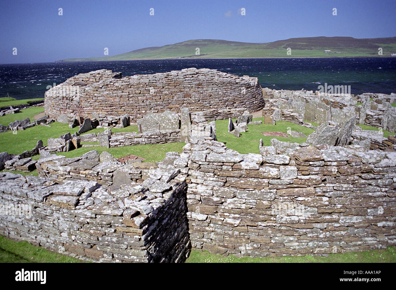 Iron Age fortified village ruins Broch of Gurness eynhallow sound Orkney Islands Scotland UK GB Stock Photo