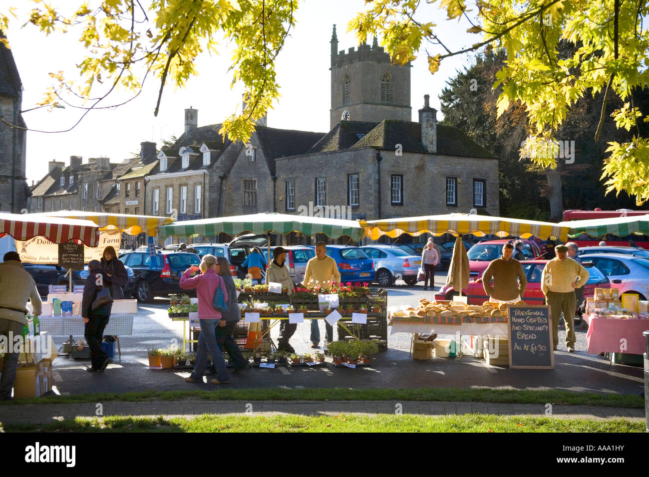 An autumn farmers market in the Cotswold town of Stow on the Wold