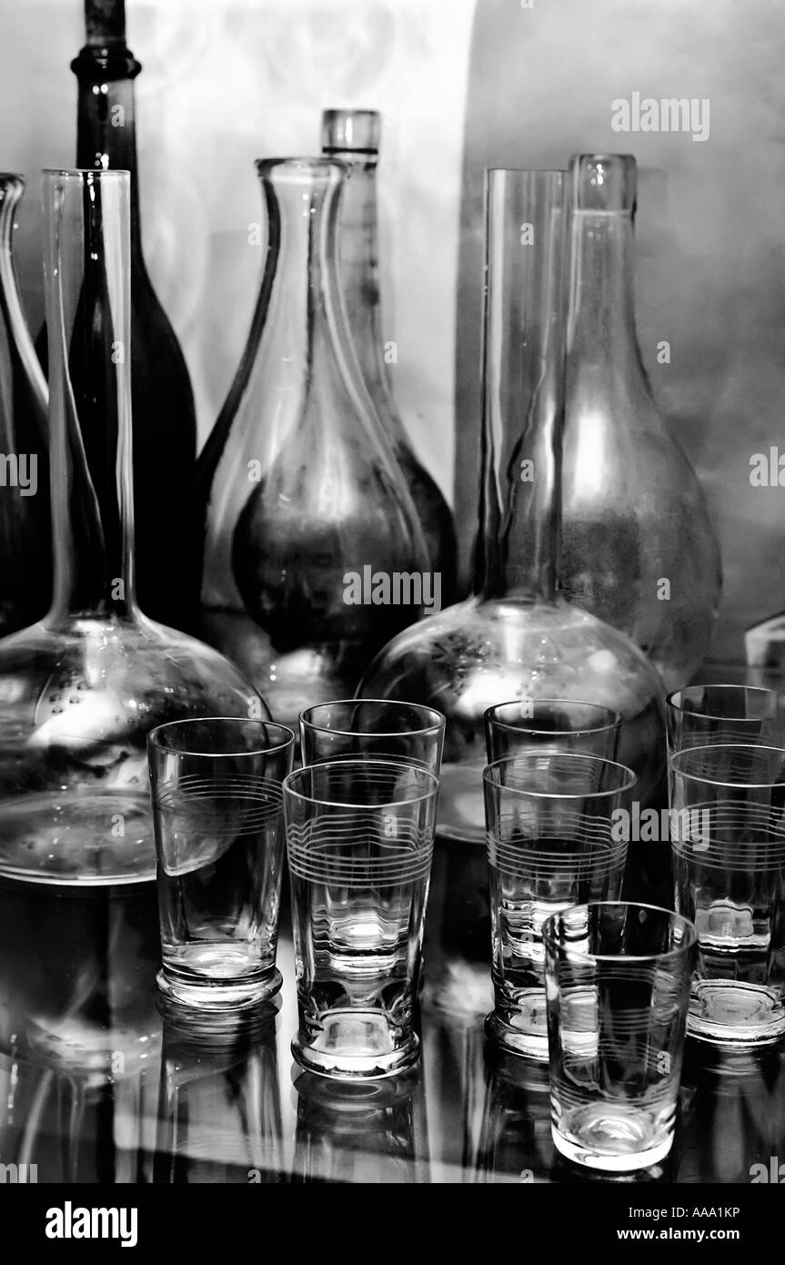 Glassware wine glasses retorts and bottles Stock Photo Alamy