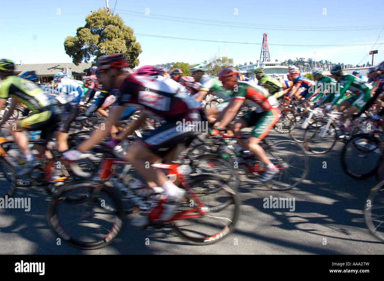 Bicycle racers in a blur racing the streets of Sausalito, California Stock Photo