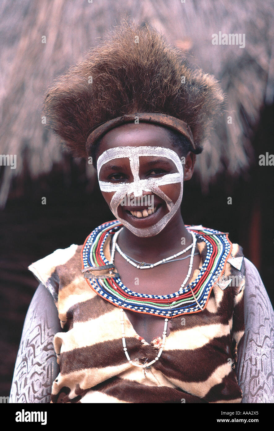 KENYA East Africa Tribal People Kikuyu tribesman wearing head dress and white  body paint decoration Stock Photo - Alamy