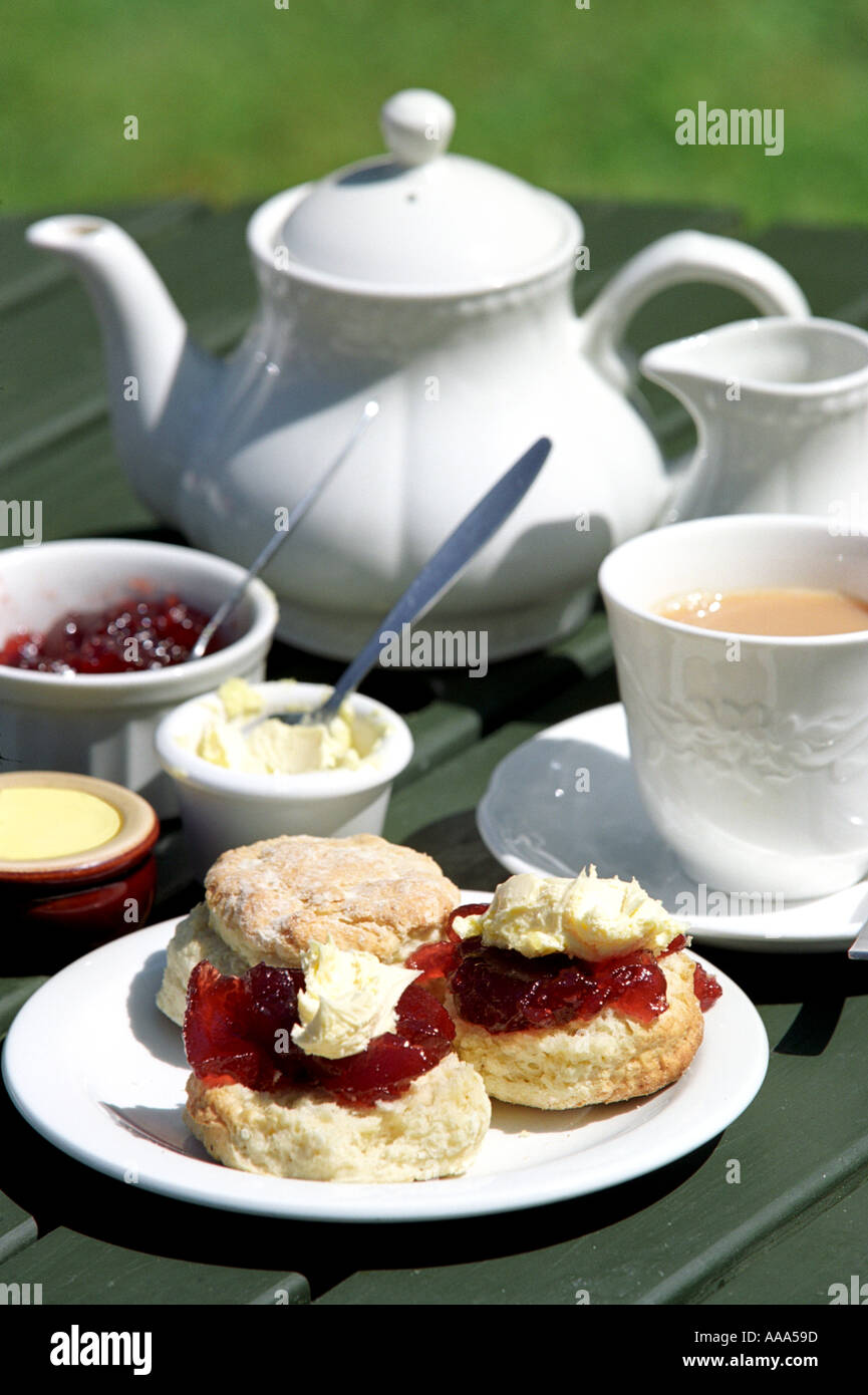 Cream Tea, Traditional Cream Tea, scones with jam and clotted cream and pot  of tea Stock Photo - Alamy