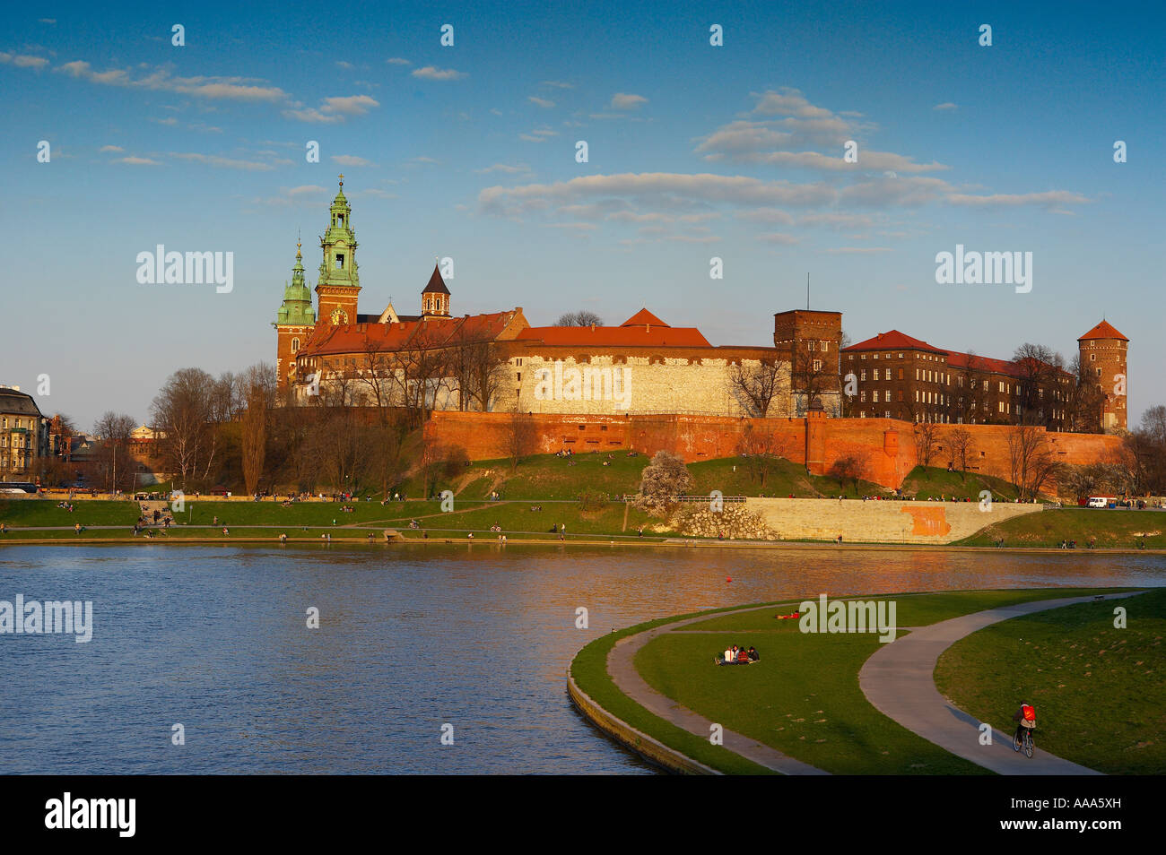 the Wawel with the towers of the Royal Cathedral and the River Vistula Wista Krakow Cracow Poland NR Stock Photo