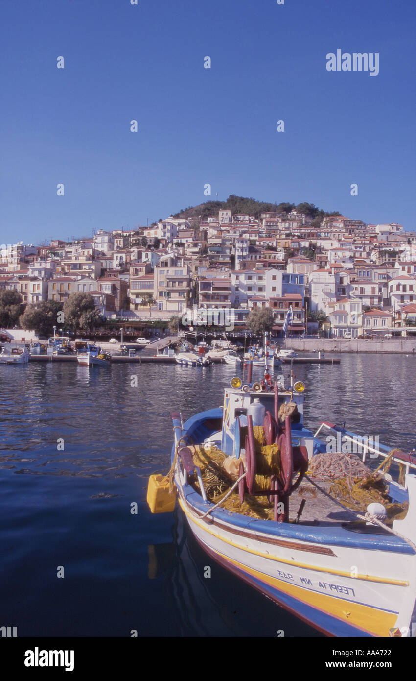 Greece Lesvos Fishing boat overlooking the village of Plomari Stock Photo