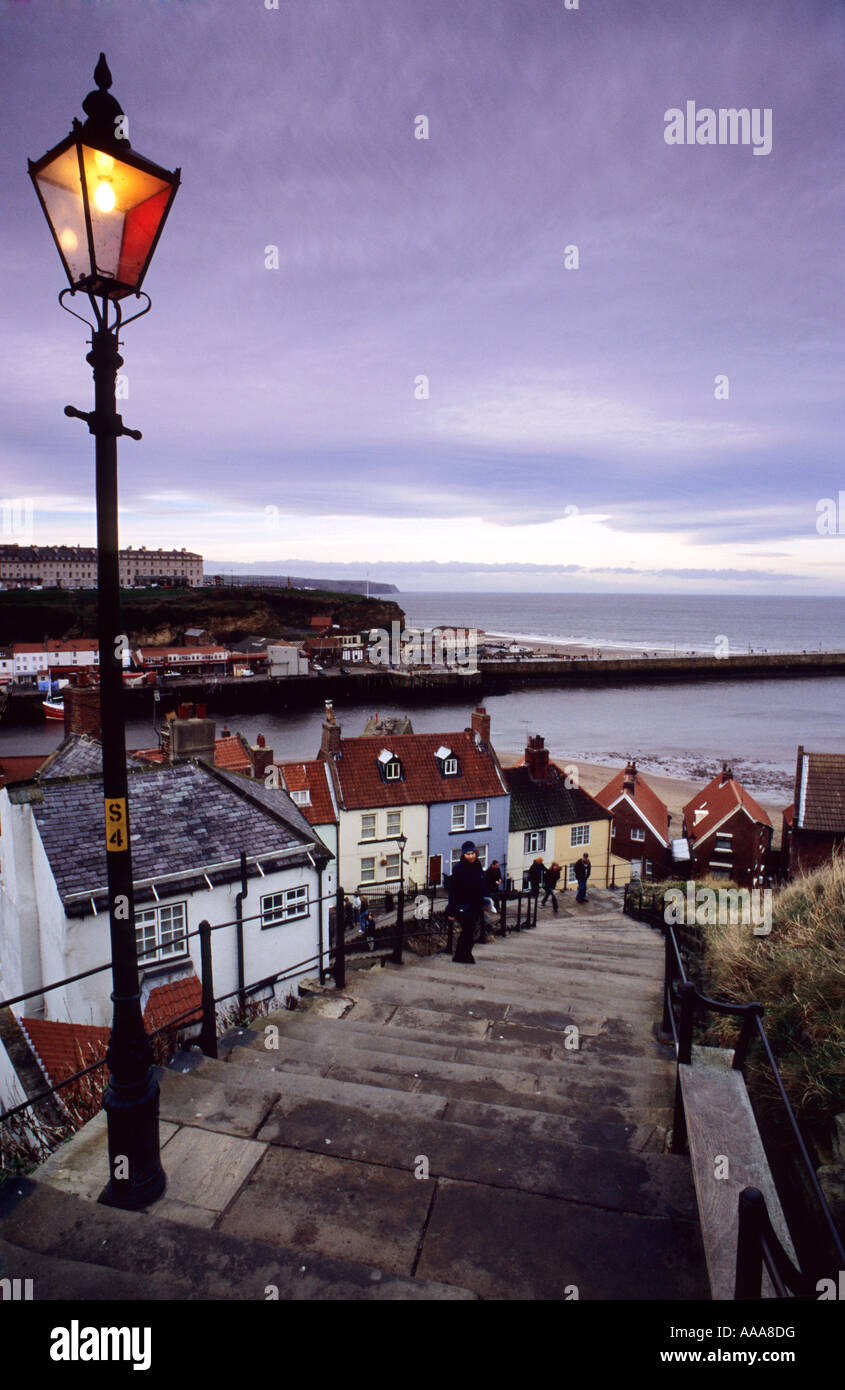 The steps down to Whitby harbour, Yorkshire, England, UK. Stock Photo