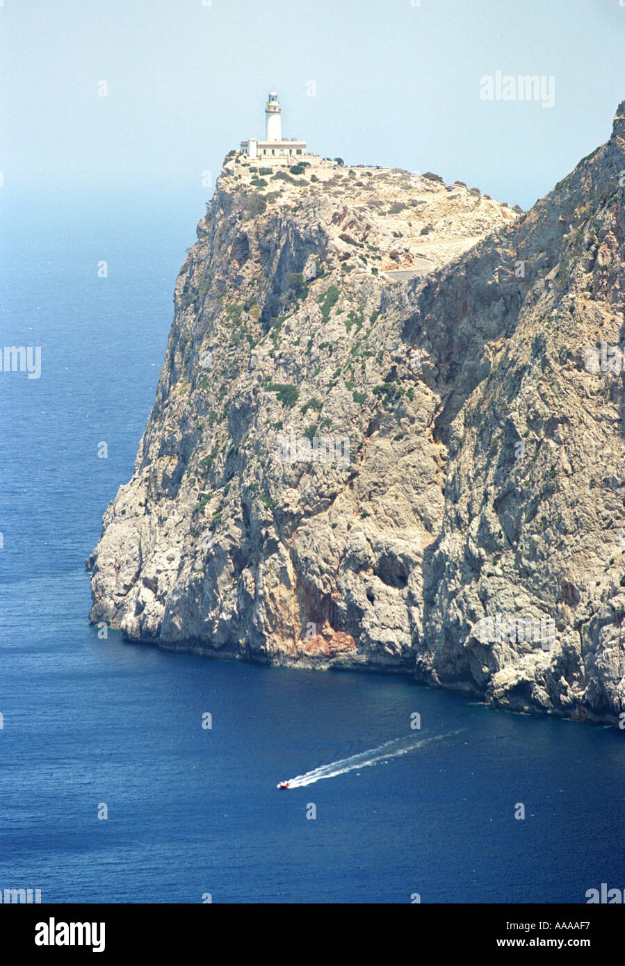 Coastline showing lighthouse at Cap de Formentor in North Easterm Majorca Stock Photo