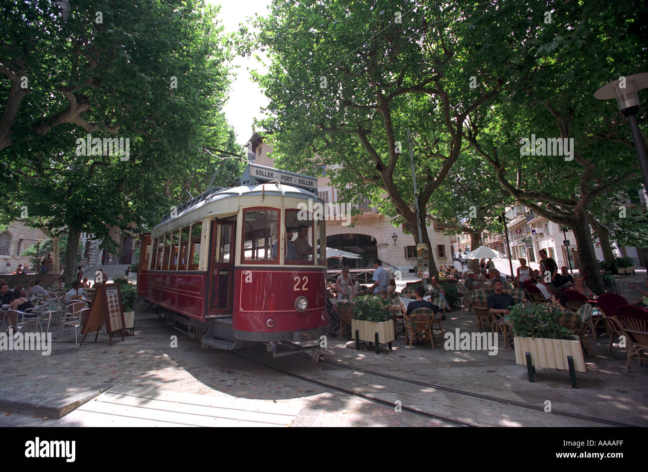 The tram or streetcar that runs through the town of Soller in Northern Majorca Stock Photo
