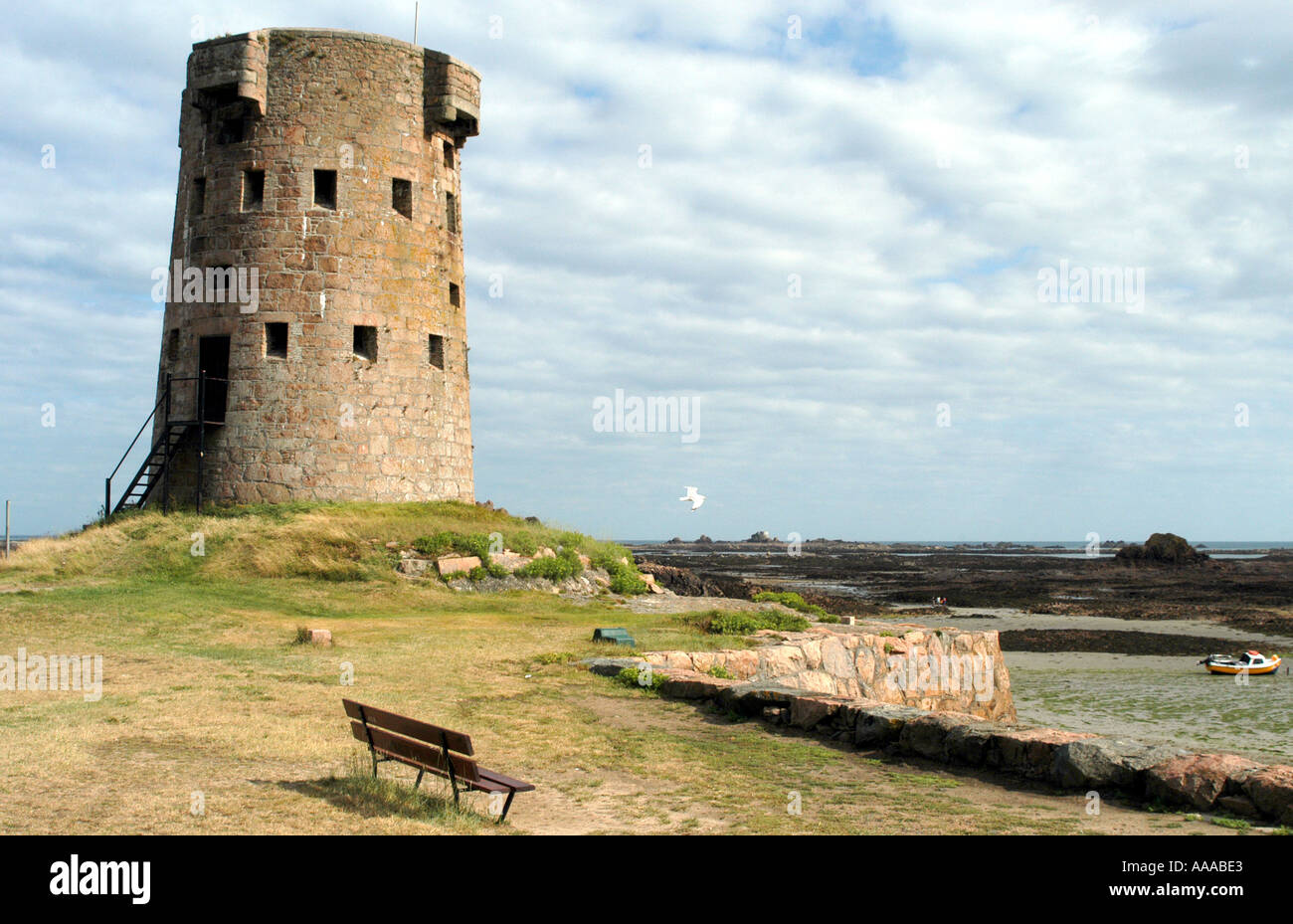 Watchtower overlooking a Jersey beach at low tide Stock Photo