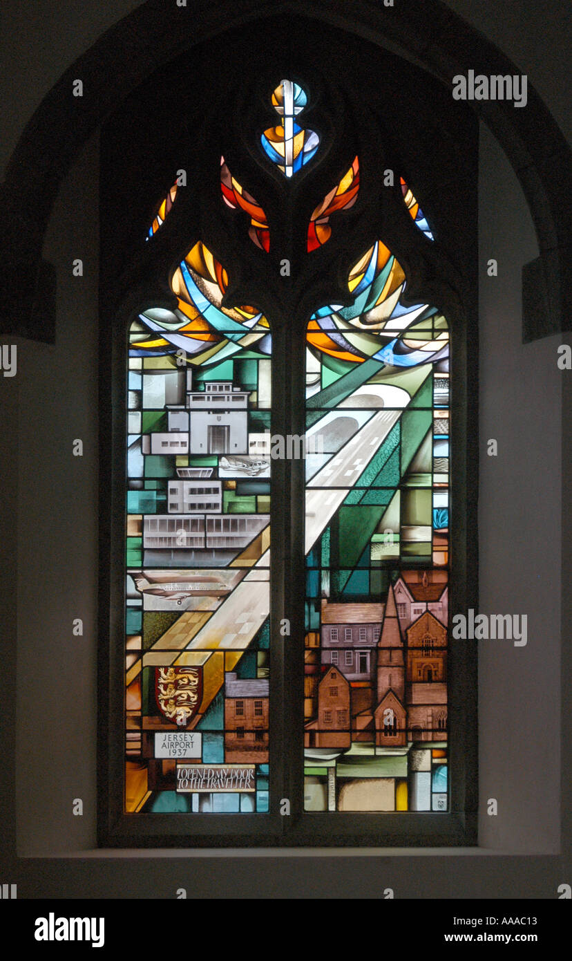 Stained glass window of Jersey airport in St Peter s church Jersey