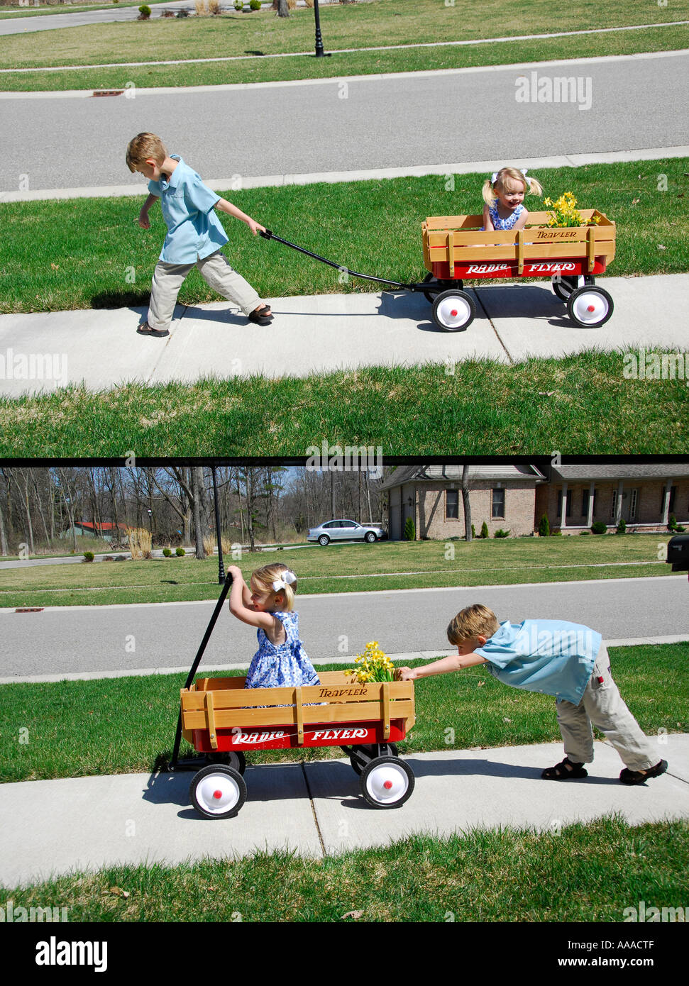 children in a wagon Showing the concept of pulling and pushing pull
