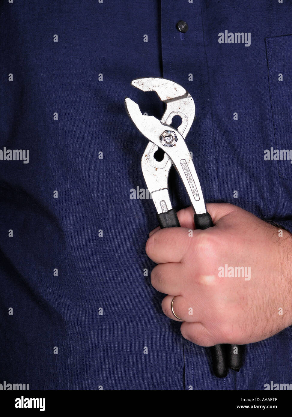 Workman holding tool "water pump" pliers vertically Stock Photo Alamy