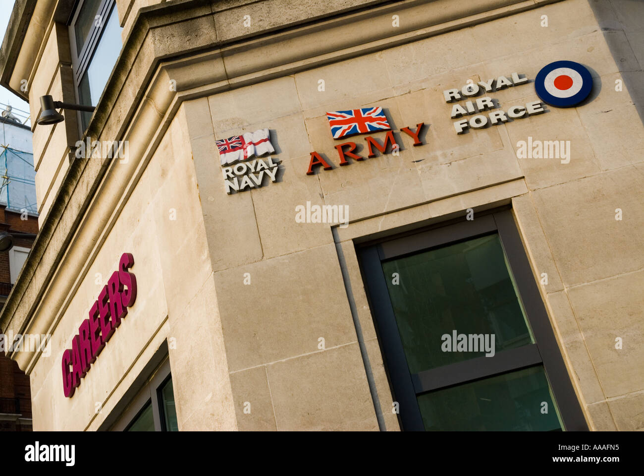 Careers in the Forces Royal Navy Army and Air Force building Central London office Stock Photo