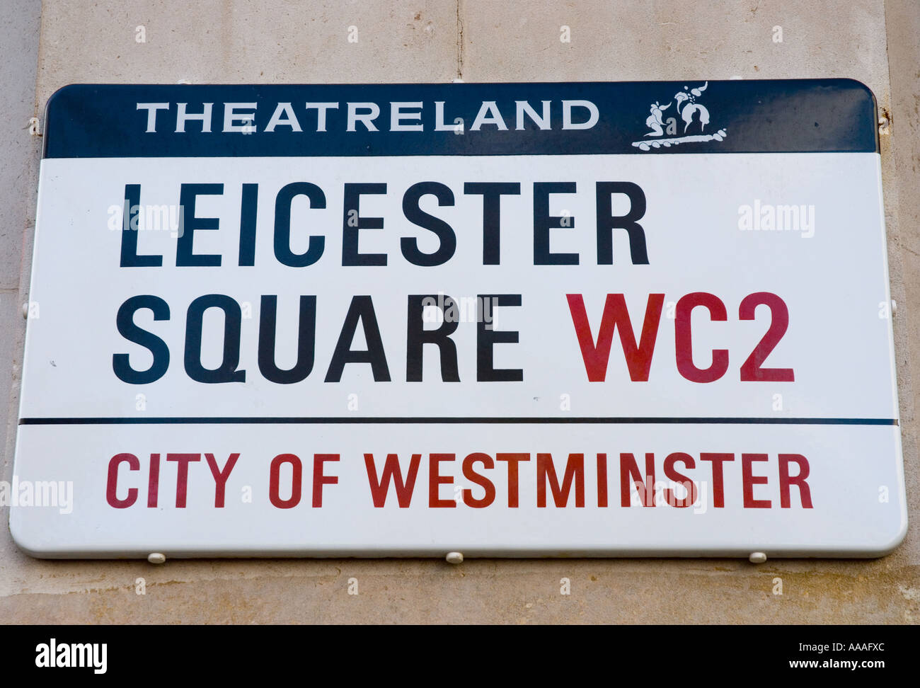 Leicester Square Theatreland street sign in Westminster London England Stock Photo