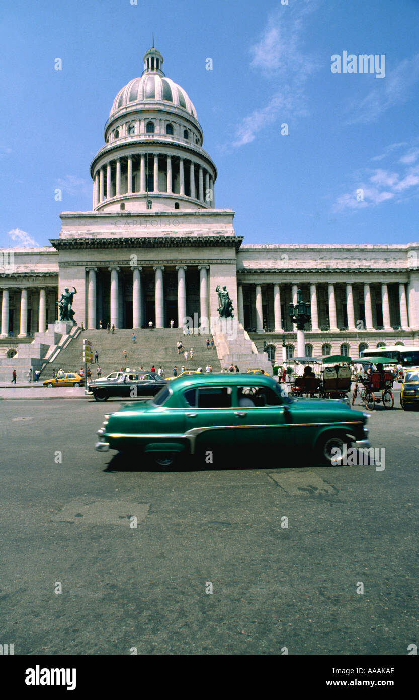 Havana Capital Building with 50 s car Cuba Travel Stock Photo