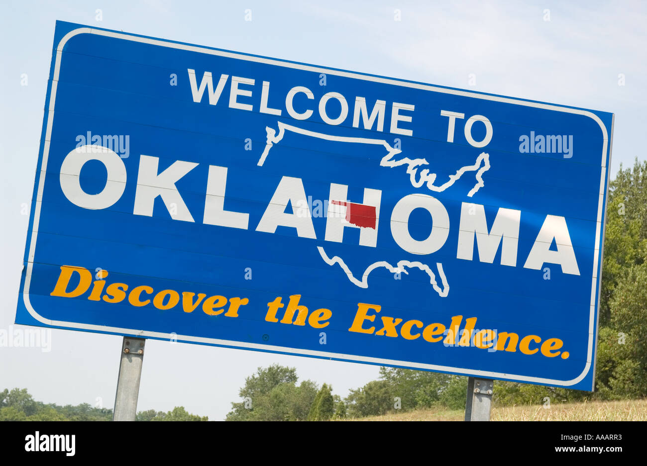 Welcome to Oklahoma Sign at OK State Line USA Stock Photo