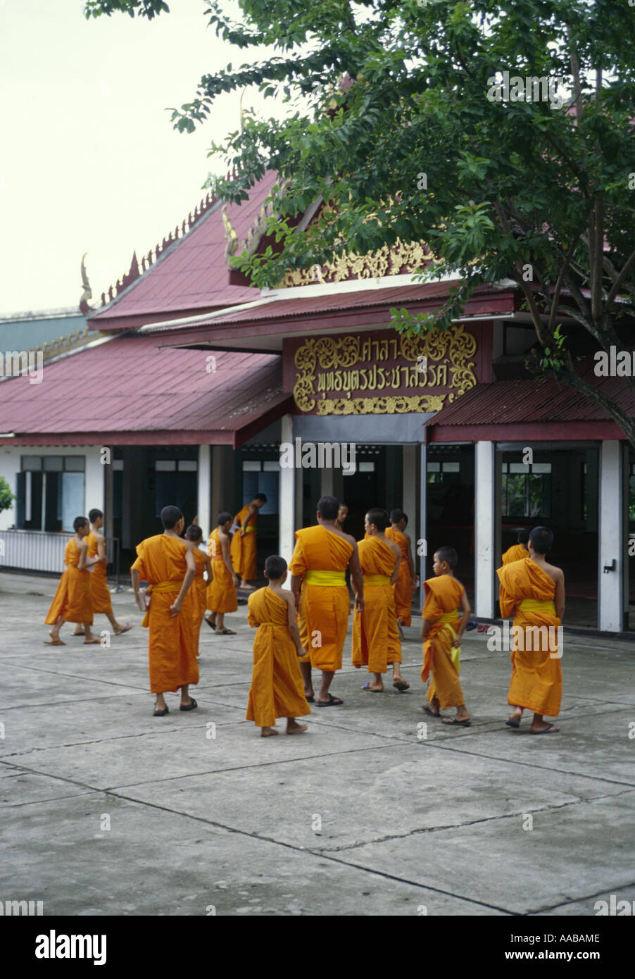 Buddhist monks and novices enter temple to pray in Wat Tha Ton, Chiang