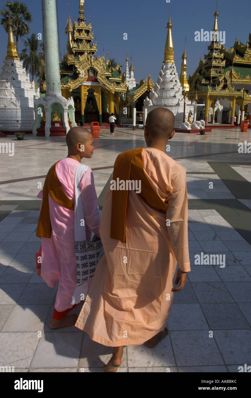 Myanmar Burma Yangon Shwedagon Paya 2 budhidt nuns in traditional pink dress walking about Stock Photo