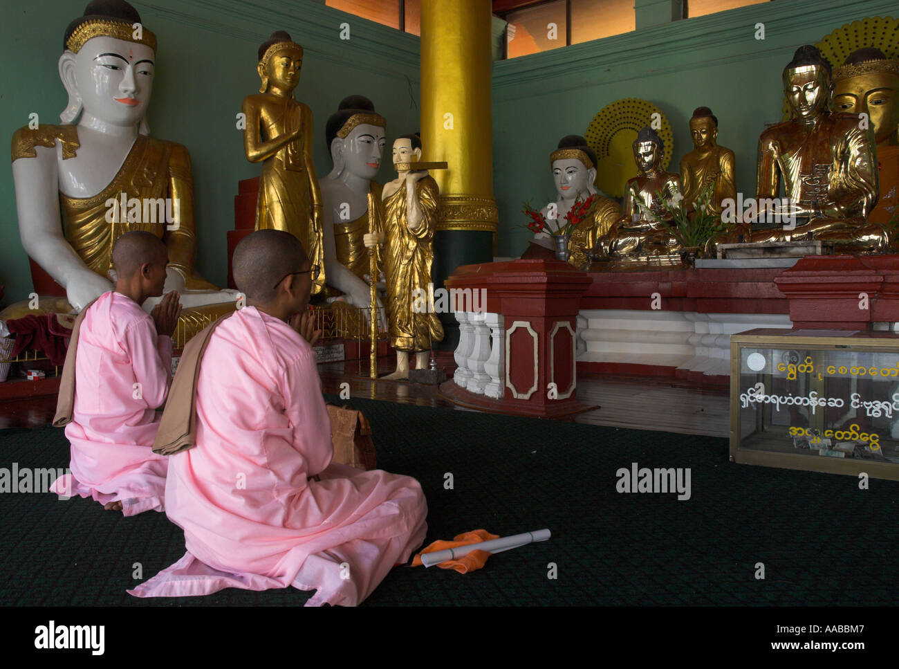 Myanmar Burma Yangon Shwedagon Paya 2 budhist nuns praying in front of budha figures Stock Photo