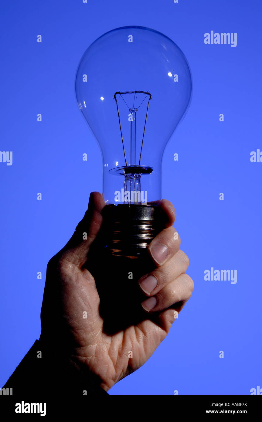 Hand holding large lightbulb Stock Photo